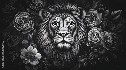 Wallpaper Mural Black and white lion with roses and leaves in realistic sketch art image Torontodigital.ca