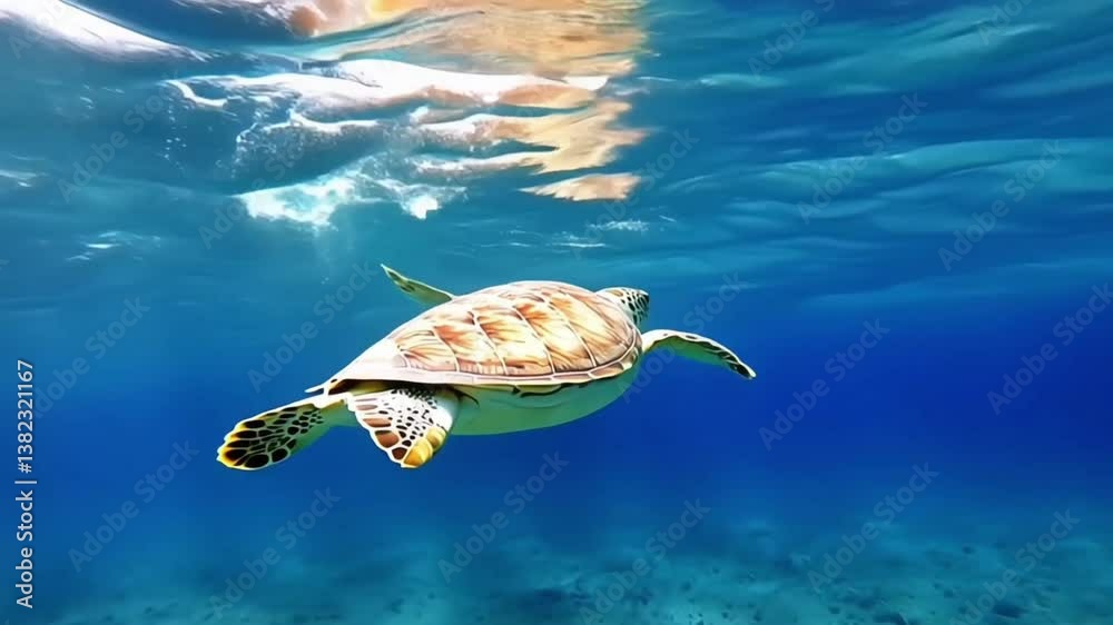 Sea turtle swimming gracefully in the clear ocean water with visible seabed
