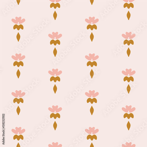 Hand drawn flower motif forming a minimalist subtle splendor floral stripes pattern in colors of brown and on cream background. Seamless vector pattern. Great for homedecor, fabric, wallpaper, gifting
