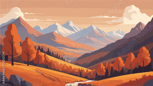 Autumn Landscape with mountain range with a river running. The mountains covered in snow and the sky is clear. The scene is peaceful and serene, with the mountains and river creating a sense of calm