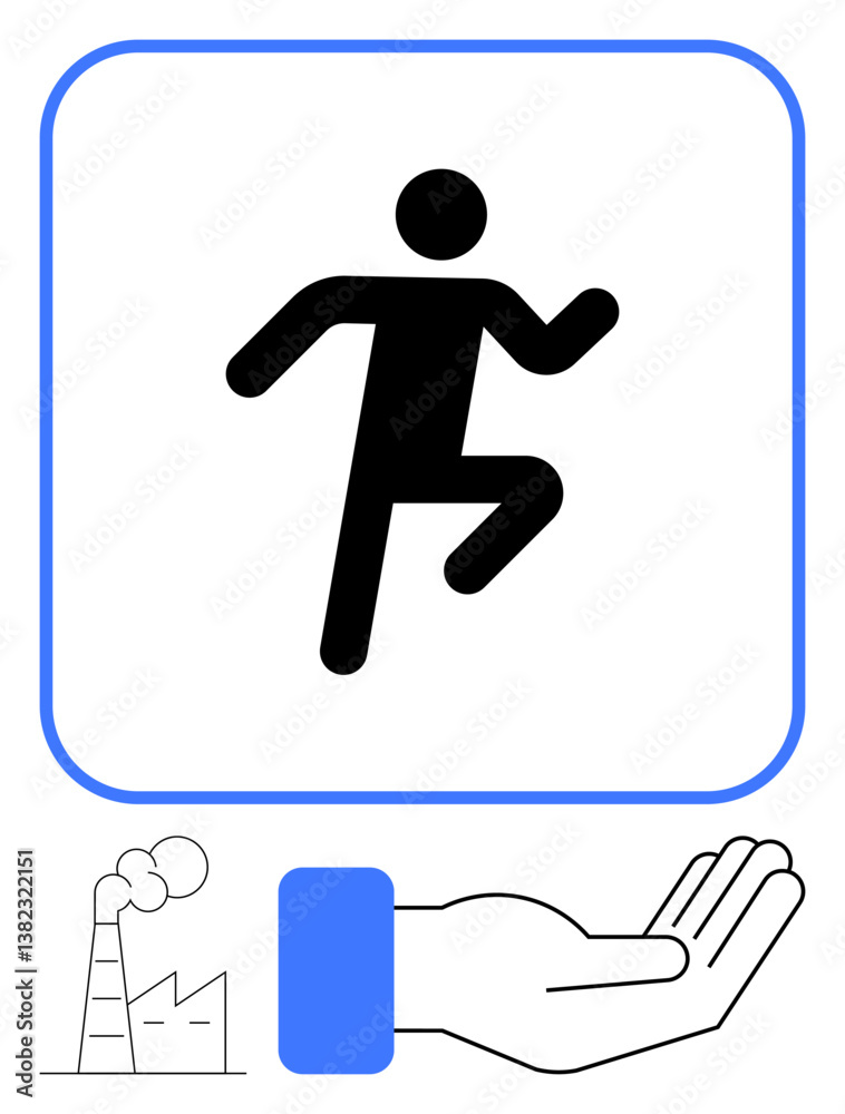 Human silhouette in running motion inside a outlined frame, open hand below supporting action. Factory with smoke represents environmental or industrial context. Ideal for sustainability, health Human silhouette in running motion inside a outlined frame, open hand below supporting action. Factory with smoke represents environmental or industrial context. Ideal for sustainability, health