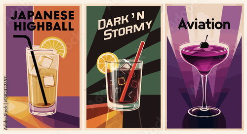 Cocktails retro poster set. Japanese Highball, Dark and Stormy, Aviation. Collection of popular alcohol drinks. Vintage style flat vector illustrations for bar, pub, restaurant, kitchen wall art.