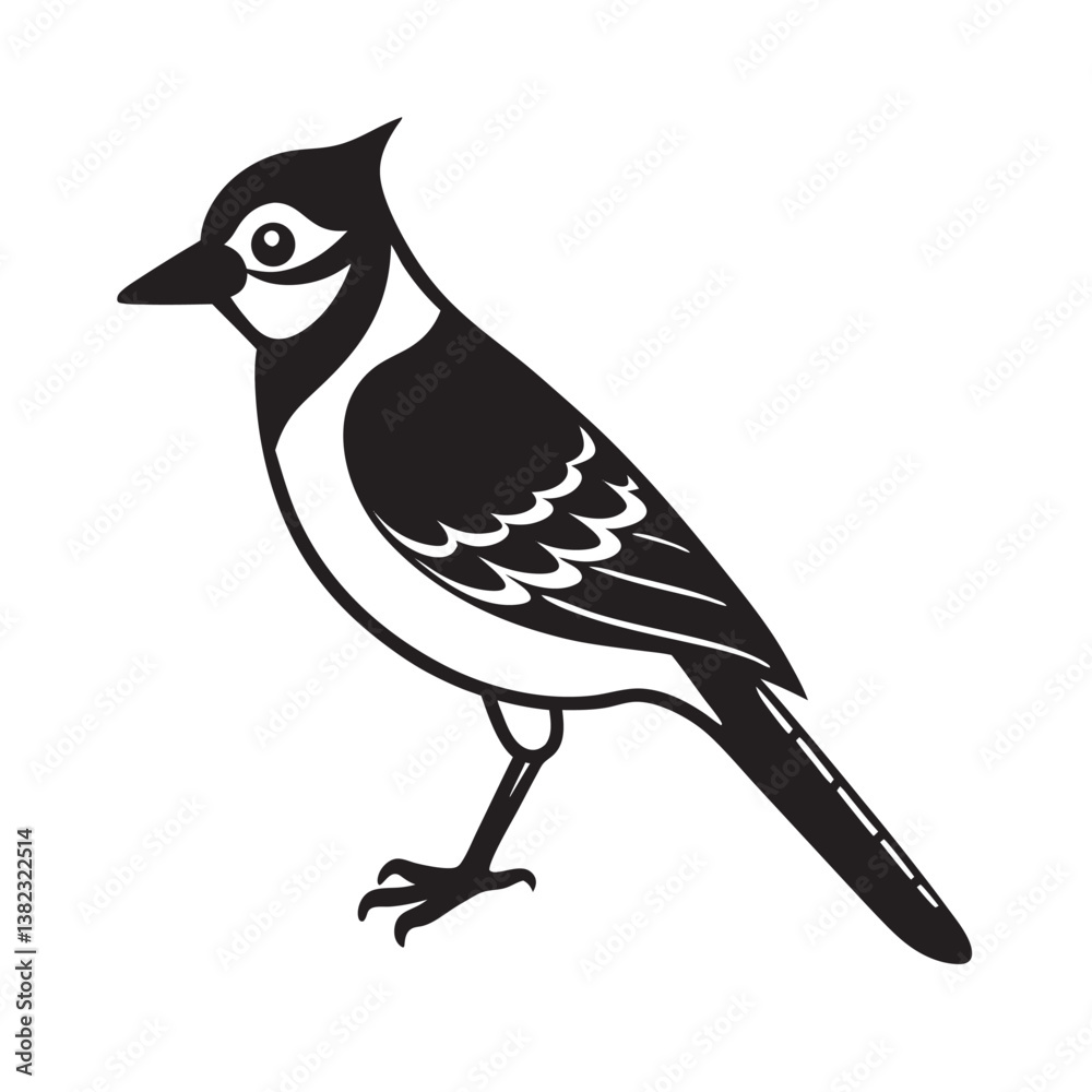 Obraz premium Black bird blue jay silhouette on winter branch vector art