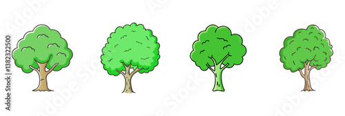Collection of four cartoon trees with green leaves and brown trunks showing different shapes and sizes