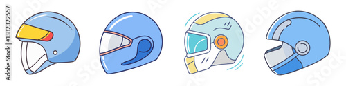 Collection of Four Stylish Futuristic Helmets in Light Blue Color Scheme