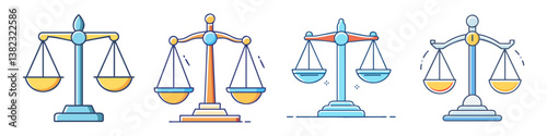 Collection of Four Different Scales of Justice Icons Representing Balance Law and Fairness