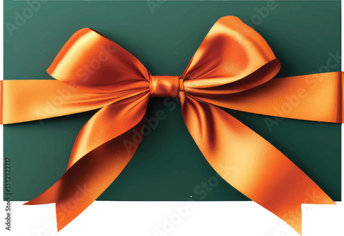 Green gift card adorned with an orange ribbon and bow, isolated on a white background. Concept of gifting. 3D Rendering
