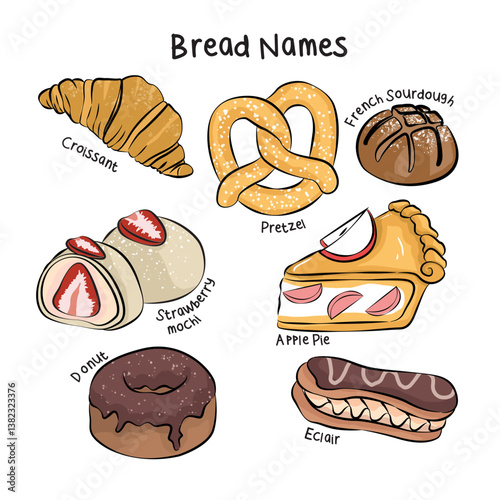 vector illustration of Bread names. Type of bread isolated on white background. Suitable for breakfast menus, cafe promotions, and food blogs.