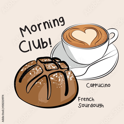 vector illustration of a breakfast time with Cappucino and French Sourdough. Suitable for breakfast menus, cafe promotions, and food blogs.
