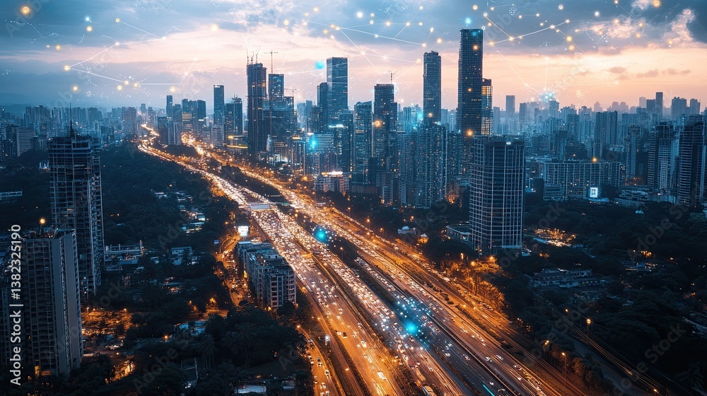 Fototapeta premium A smart city with interconnected buildings, streets, and transportation systems powered by IoT and advanced sensors.