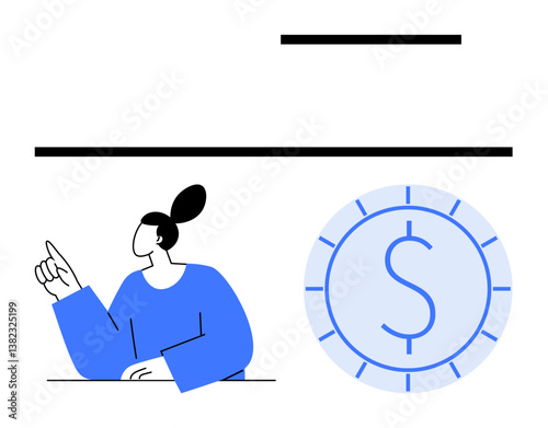 Person pointing at an idea with a blue coin containing a dollar sign. Ideal for finance, investment, money savings, budgeting, banking, banking education, economic concept. Flat simple metaphor