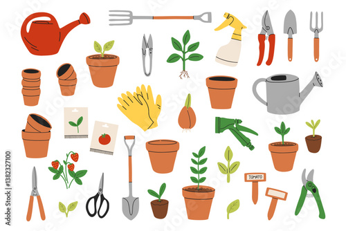 Set of gardening tools and flowers  in flat cartoon style.Big set of garden elements and tools.Home gardening, seedling, growing natural and ecological products.