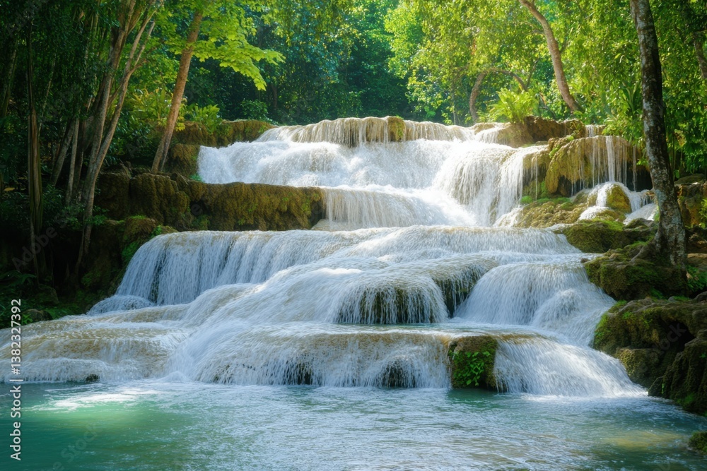 Fototapeta premium Serene tiered waterfall cascading through lush green jungle paradise under bright sunlight.