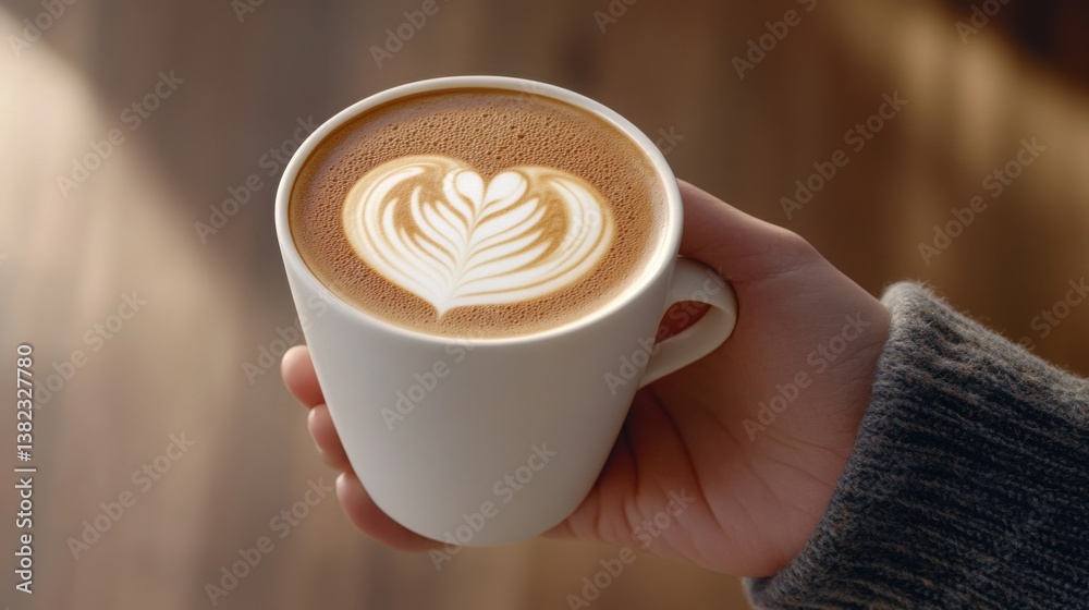 A delicate hand holding a cup of cappuccino with intricate latte art, warm morning light A delicate hand holding a cup of cappuccino with intricate latte art, warm morning light