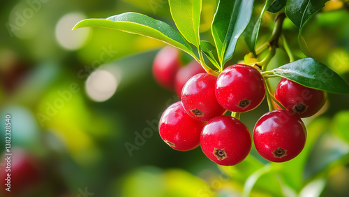 cluster of red berries hanging from leafy branch