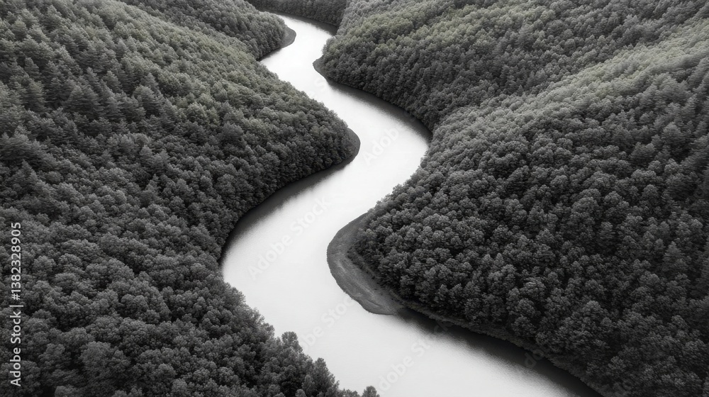 Fototapeta premium A high-contrast black and white aerial shot of a winding river cutting through a dense forest