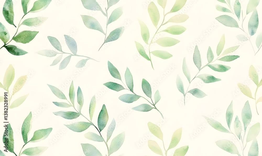 watercolor painting Ferns and leaves in soft greens, arranged to create an organic pattern, Generative AI