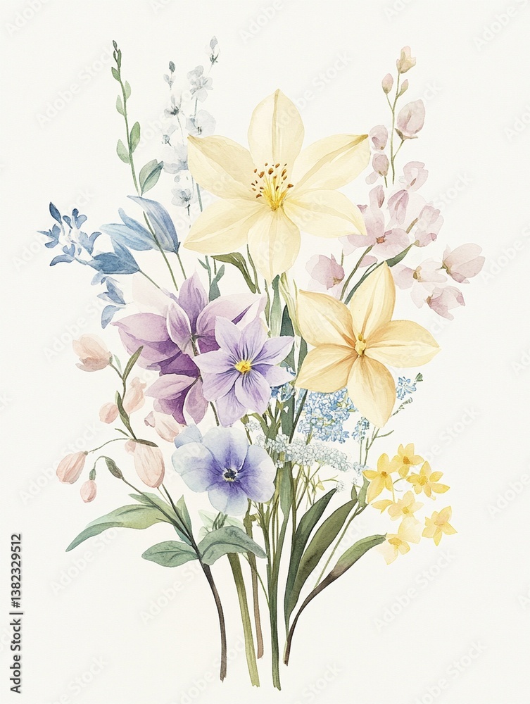 Elegant spring bouquet illustration with soft yellow lilies, blue violets, and delicate white blossoms painted in a romantic watercolor style. Elegant spring bouquet illustration with soft yellow lilies, blue violets, and delicate white blossoms painted in a romantic watercolor style.