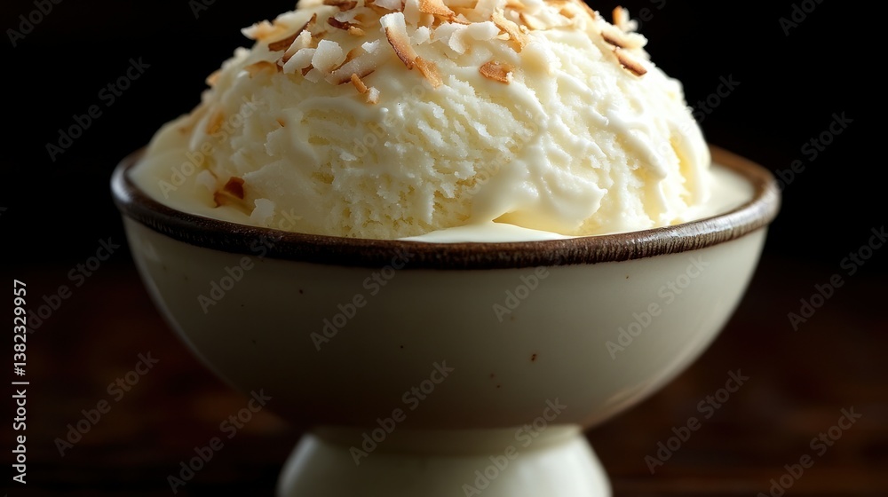 Creamy vanilla ice cream topped with toasted coconut flakes (1) Creamy vanilla ice cream topped with toasted coconut flakes (1)