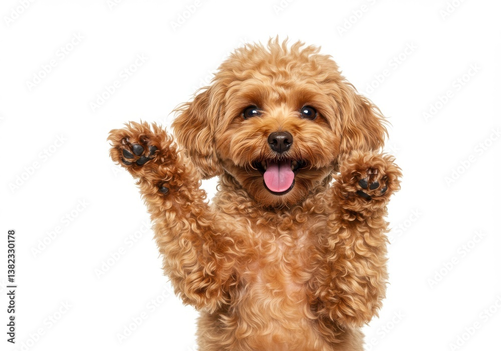Fototapeta premium A happy brown poodle standing on its hind legs with paws up on a white studio background smiling