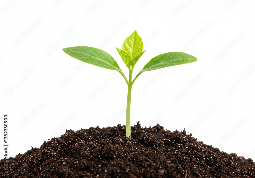 A small green sprout emerging from dark soil against a clean white studio background image view A small green sprout emerging from dark soil against a clean white studio background image view