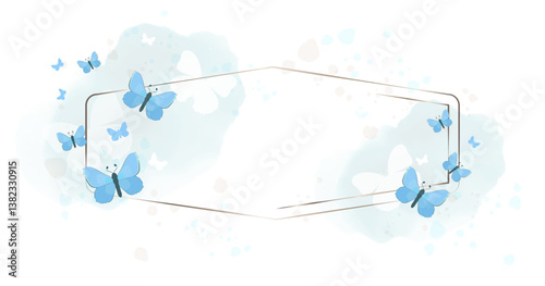 Elegant frame with blue butterflies and soft watercolor background. Delicate hand drawn vector frame for invitations, greeting cards, wedding designs, branding and romantic decorative projects.