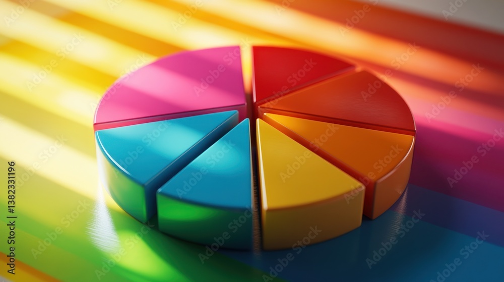 Obraz premium Colorful 3D Pie Chart on Rainbow Background, Data Visualization