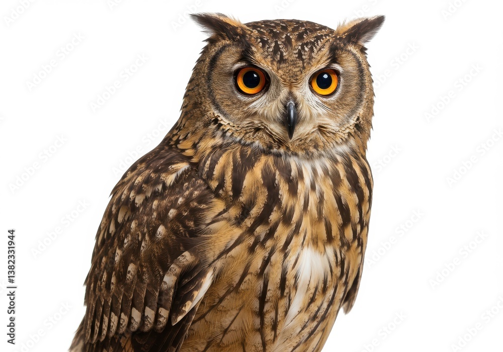A close up portrait of an owl with bright orange eyes against a white background looking forward A close up portrait of an owl with bright orange eyes against a white background looking forward