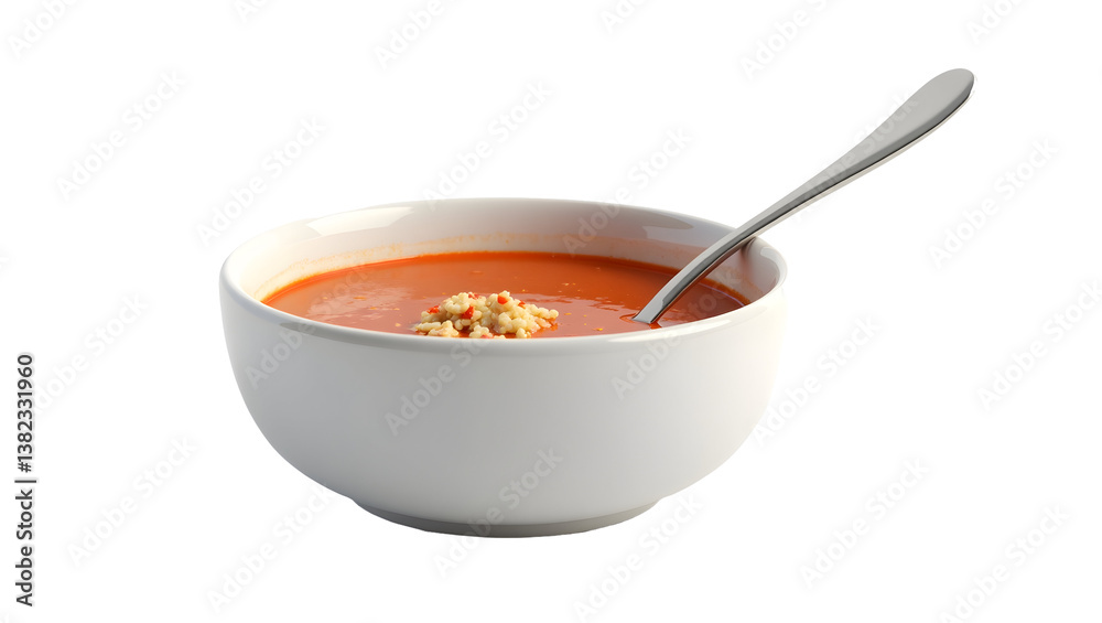 Bowl of Tomato Soup with Noodles and Spoon on Transparent Background Bowl of Tomato Soup with Noodles and Spoon on Transparent Background