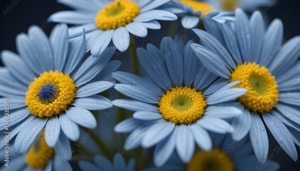 Fototapeta premium Close-up photograph of several blue daisy flowers with yellow centers, captured with a macro lens to highlight the intricate details of the petals and stamen