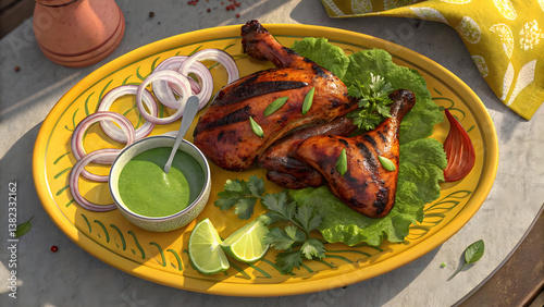 Delicious Tandoori Chicken on Vibrant Yellow Plate with Mint Chutney, Onion Rings, and Lemon Slices
