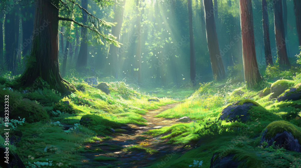 Obraz premium Mossy trail in sunlit forest