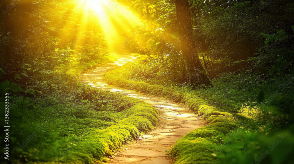 Fototapeta premium Sunlit path in mossy forest
