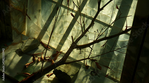 A serene composition of branches and stones, illuminated by soft light.