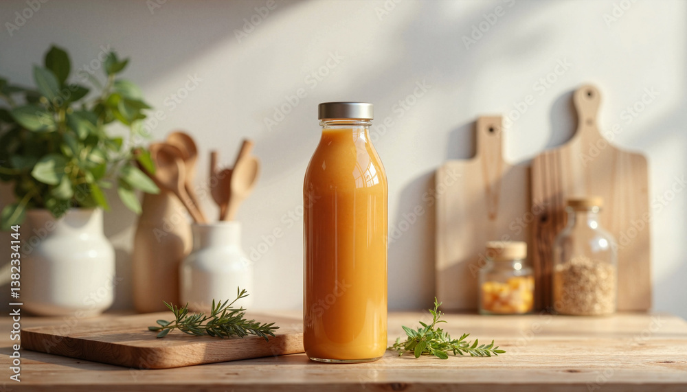 Modern juice bottle on wooden shelf in minimalist kitchen, freshness Modern juice bottle on wooden shelf in minimalist kitchen, freshness