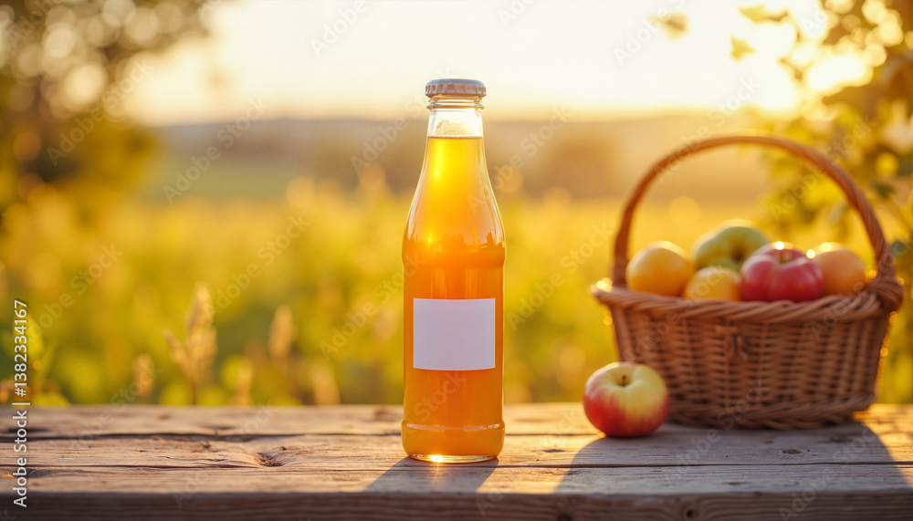 Juice bottle with bright label on rustic table at golden hour, freshness Juice bottle with bright label on rustic table at golden hour, freshness
