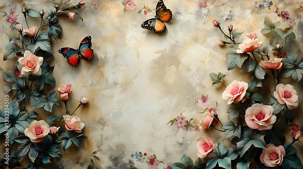 A serene floral scene featuring pink roses and butterflies against a soft background.