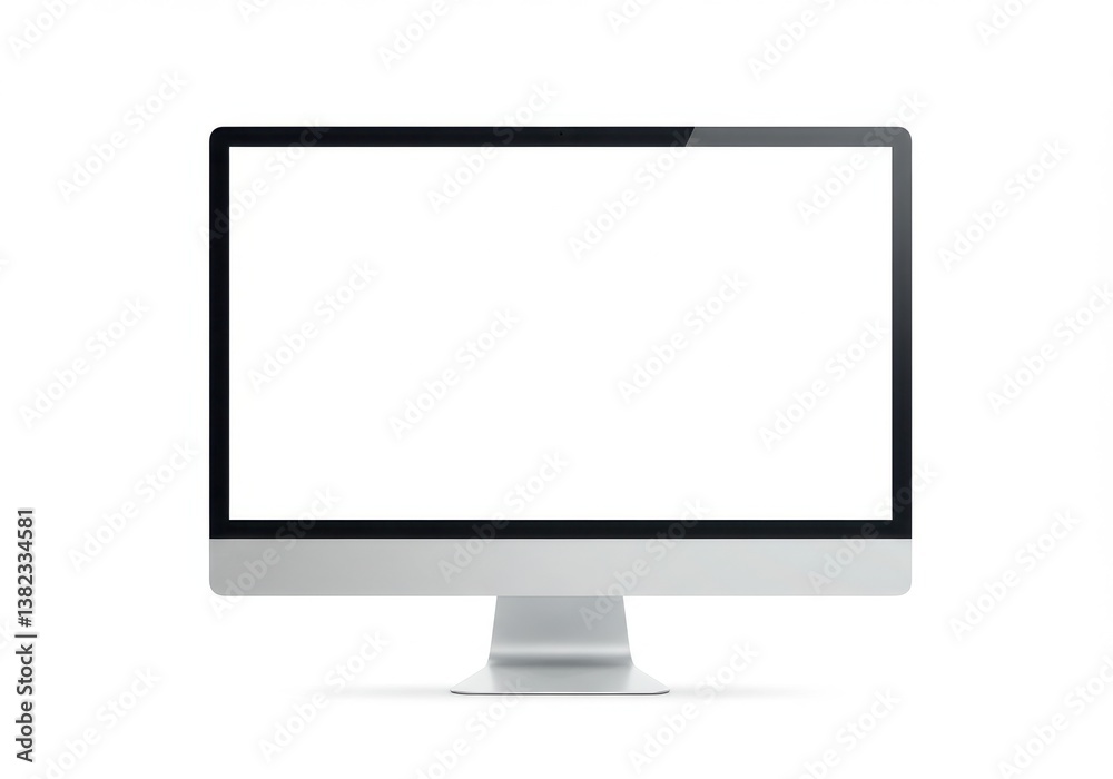 A computer monitor with a white screen is centered on a white background in a studio setting A computer monitor with a white screen is centered on a white background in a studio setting