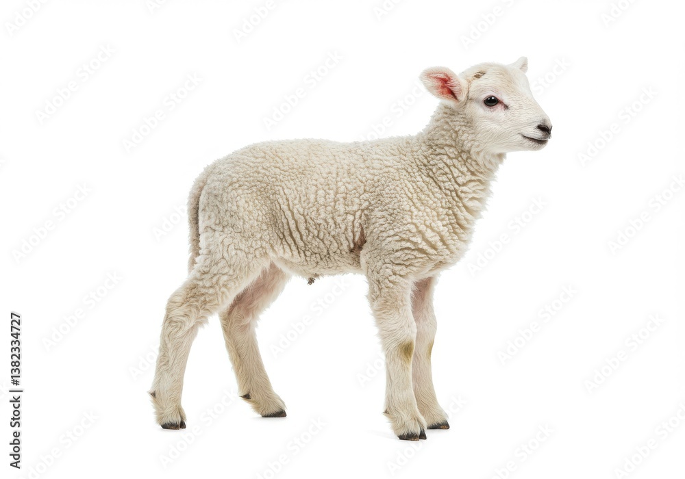 Fototapeta premium Side view of a young lamb with woolly fleece standing on a white background in a studio setting