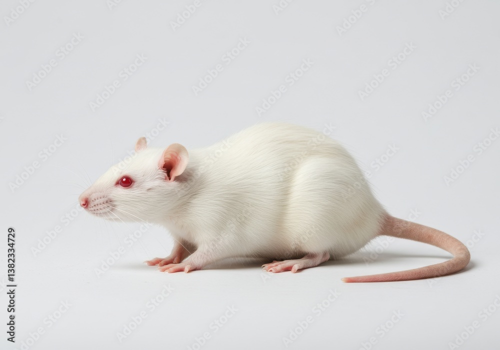 A white rat with red eyes standing on a white surface in a studio setting looking to the left A white rat with red eyes standing on a white surface in a studio setting looking to the left