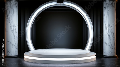 Podium on a circular stage with marble columns, ideal for showcasing products. Perfect for presentations, exhibitions, and sales promotions