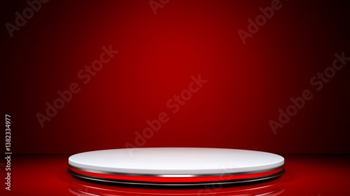 Podium for product display on a white round platform against a red backdrop, ideal for showcasing items in vibrant settings