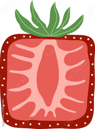 Artistic hand drawn illustration of square strawberry with leaves. Vector drawing of half of sweet berry with juicy pulp isolated on white background. Drawing of summer vegan dessert for your printing