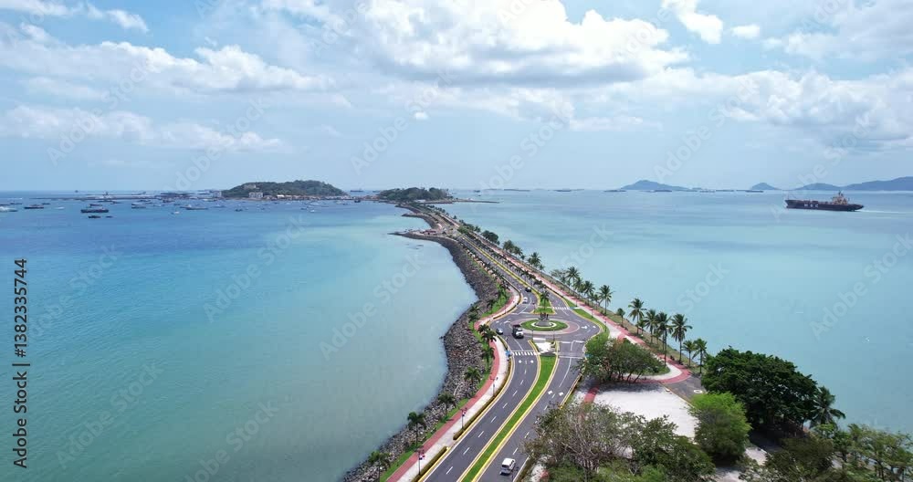 Drone Shot of Traffic on Amador Causeway, Panama City, Panama Drone Shot of Traffic on Amador Causeway, Panama City, Panama