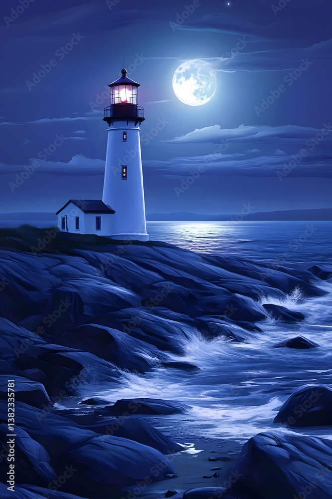 A serene lighthouse by the ocean under a full moon, illuminating the night.