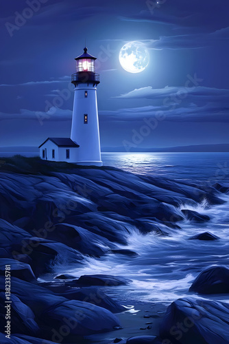 Obraz na płótnie A serene lighthouse by the ocean under a full moon, illuminating the night. w salonie