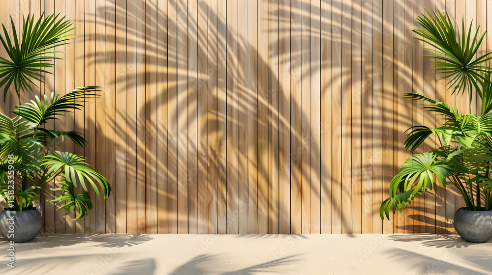 A serene setting with palm plants casting shadows on a wooden wall.