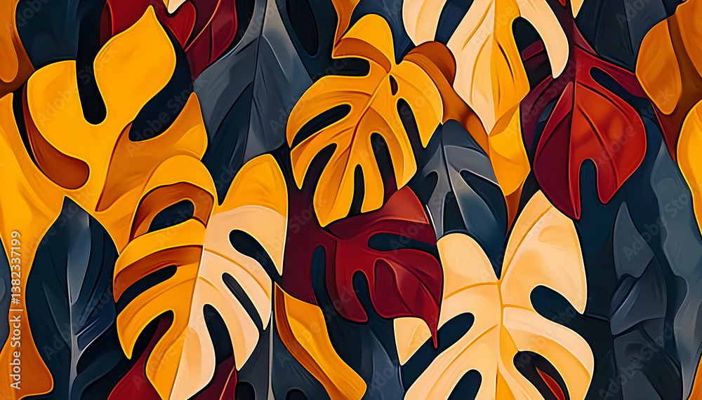 A vibrant pattern of stylized leaves in warm autumn colors.