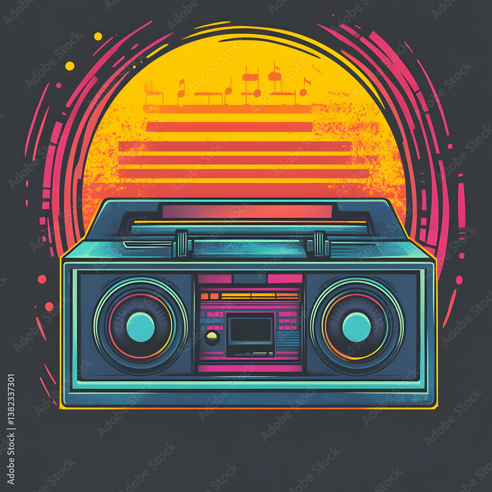 A vibrant retro boombox against a colorful sunset background.