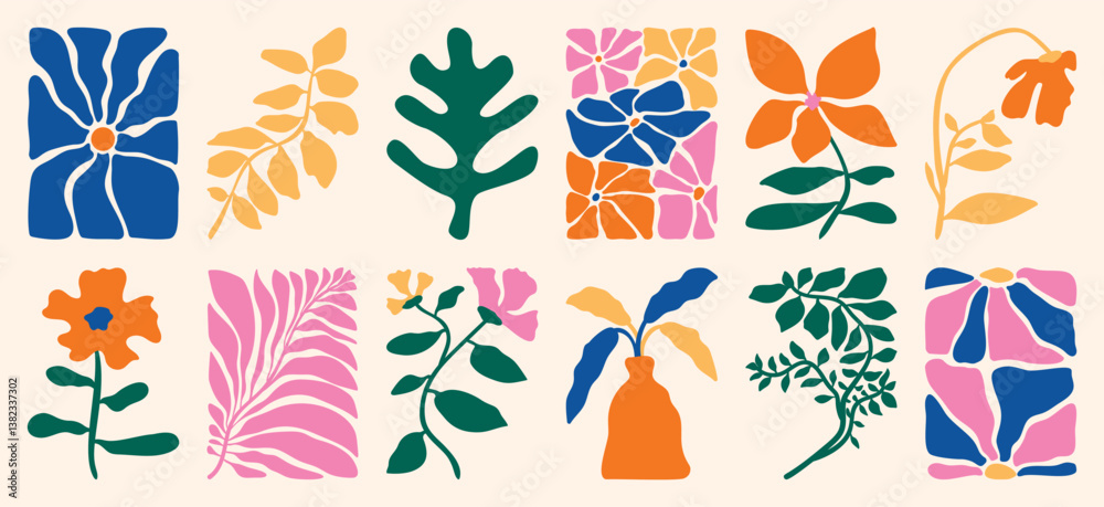 Obraz premium Botanical doodle background art vector set. Flower and leaves abstract shape doodle art design for print, wallpaper, clipart, wall art for home decoration.